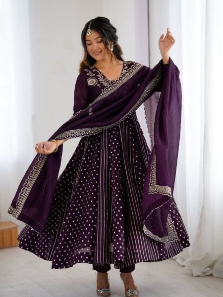 Purple Crunchy Silk Embroidery Anarkali Suit with Pant and Dupatta Designer Festive Collection Ready To Wear Suit