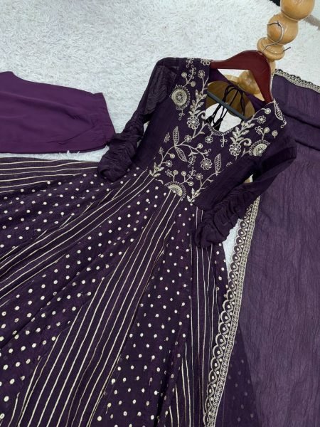 Purple Crunchy Silk Embroidery Anarkali Suit with Pant and Dupatta Designer Festive Collection Ready To Wear Collection