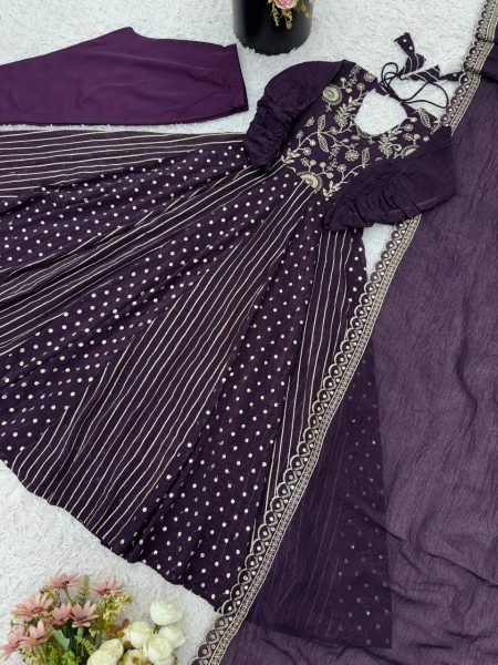 Purple Crunchy Silk Embroidery Anarkali Suit with Pant and Dupatta Designer Festive Collection Ready To Wear Collection