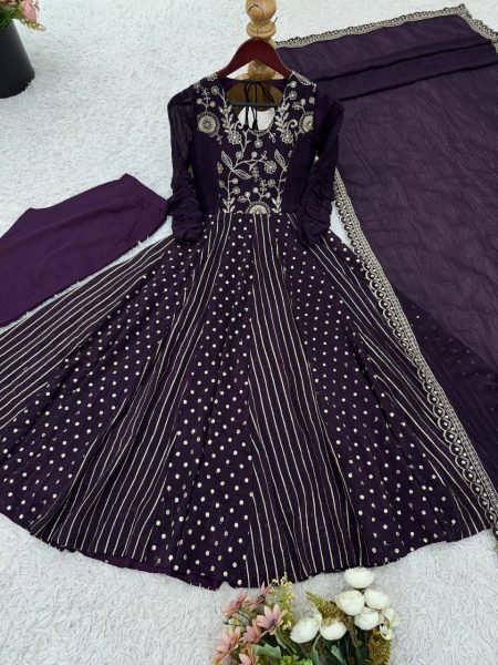 Purple Crunchy Silk Embroidery Anarkali Suit with Pant and Dupatta Designer Festive Collection Ready To Wear Collection