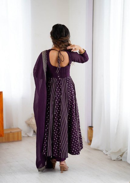 Purple Crunchy Silk Embroidery Anarkali Suit with Pant and Dupatta Designer Festive Collection Ready To Wear Collection