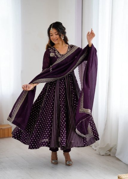 Purple Crunchy Silk Embroidery Anarkali Suit with Pant and Dupatta Designer Festive Collection Ready To Wear Collection
