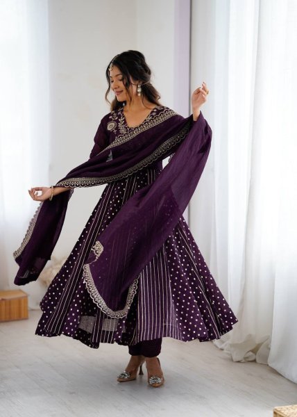 Purple Crunchy Silk Embroidery Anarkali Suit with Pant and Dupatta Designer Festive Collection Ready To Wear Collection