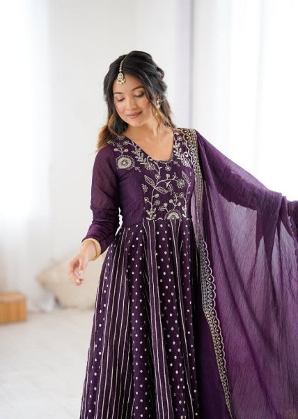 Purple Crunchy Silk Embroidery Anarkali Suit with Pant and Dupatta Designer Festive Collection Ready To Wear Collection