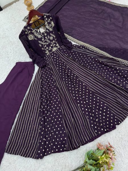Purple Crunchy Silk Embroidery Anarkali Suit with Pant and Dupatta Designer Festive Collection Ready To Wear Collection