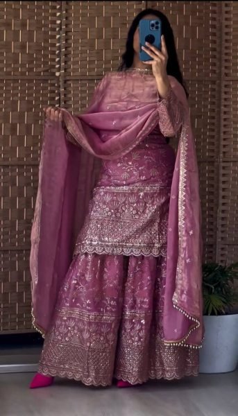 Purple Designer Crush Silk Sharara Palazzo Suit Ready to Wear Ready To Wear Collection