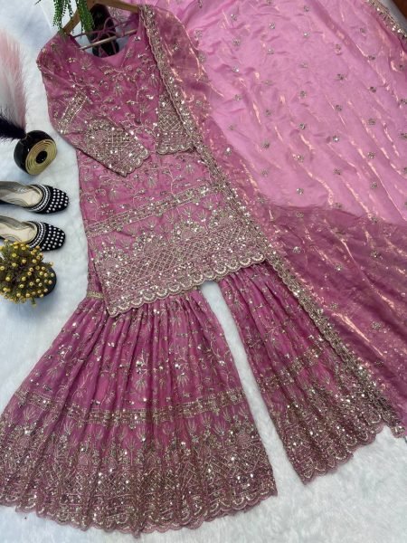 Purple Designer Crush Silk Sharara Palazzo Suit Ready to Wear Ready To Wear Collection