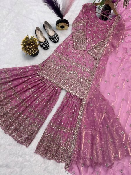 Purple Designer Crush Silk Sharara Palazzo Suit Ready to Wear Ready To Wear Collection