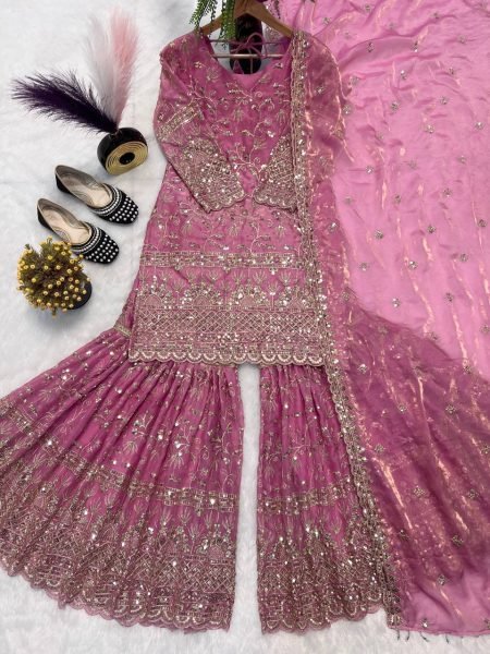 Purple Designer Crush Silk Sharara Palazzo Suit Ready to Wear Ready To Wear Collection