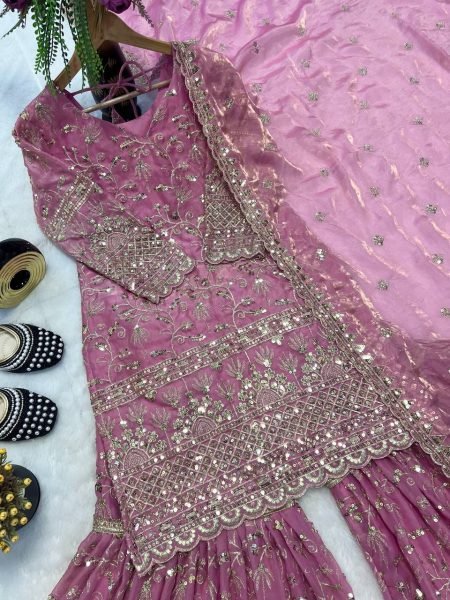 Purple Designer Crush Silk Sharara Palazzo Suit Ready to Wear Ready To Wear Collection