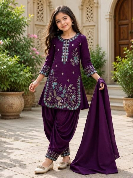 Purple Designer Kids Patiala Suit with Heavy Embroidery and Vichitra Fabric For Festival Kurtis