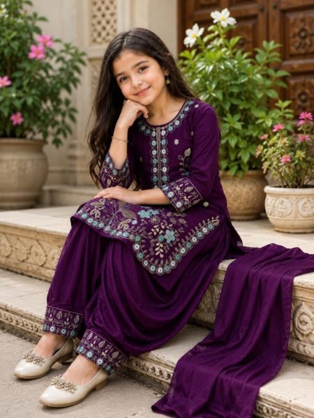 Purple Designer Kids Patiala Suit with Heavy Embroidery and Vichitra Fabric For Festival Girls Wear