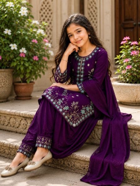 Purple Designer Kids Patiala Suit with Heavy Embroidery and Vichitra Fabric For Festival Girls Wear