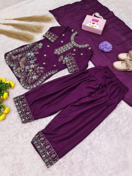 Purple Designer Kids Patiala Suit with Heavy Embroidery and Vichitra Fabric For Festival Girls Wear