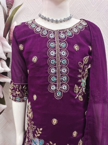 Purple Designer Kids Patiala Suit with Heavy Embroidery and Vichitra Fabric For Festival Girls Wear