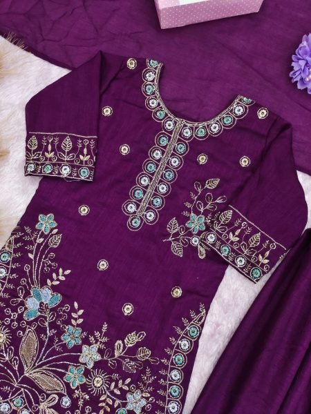 Purple Designer Kids Patiala Suit with Heavy Embroidery and Vichitra Fabric For Festival Girls Wear