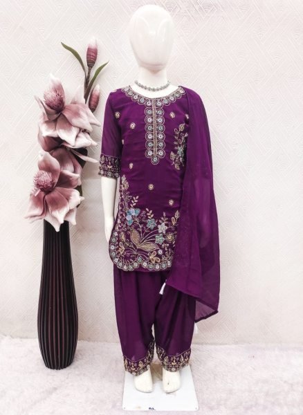 Purple Designer Kids Patiala Suit with Heavy Embroidery and Vichitra Fabric For Festival Girls Wear