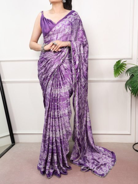 Purple Designer Satin Silk Saree with Geometric Print & Mirror Lace For Daily Wear 