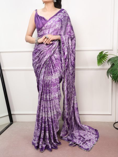 Purple Designer Satin Silk Saree with Geometric Print & Mirror Lace For Daily Wear Silk Sarees Wholesale