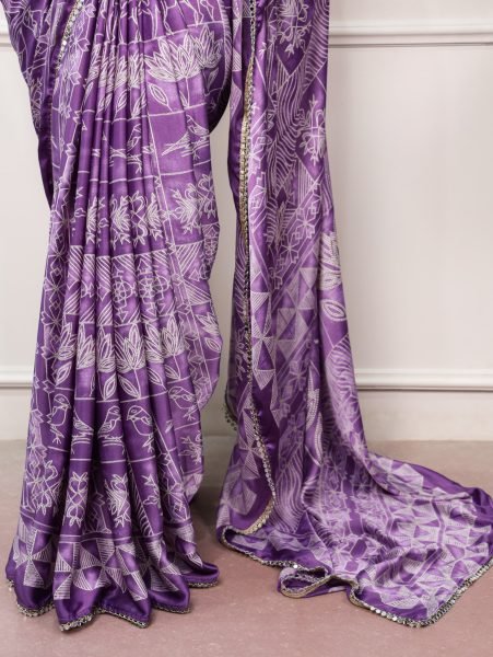 Purple Designer Satin Silk Saree with Geometric Print & Mirror Lace For Daily Wear Silk Sarees Wholesale