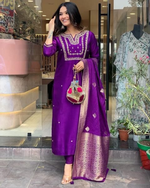 Purple Designer  Viscose Chanderi Embroidered A Line Kurta Set with Pants and Heavy Jacquard Dupatta for Women 3 Piece Kurti Set