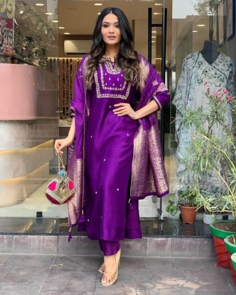 Purple Designer  Viscose Chanderi Embroidered A Line Kurta Set with Pants and Heavy Jacquard Dupatta for Women 3 Piece Kurti Set