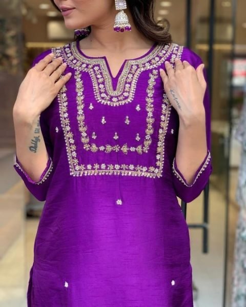 Purple Designer  Viscose Chanderi Embroidered A Line Kurta Set with Pants and Heavy Jacquard Dupatta for Women 3 Piece Kurti Set