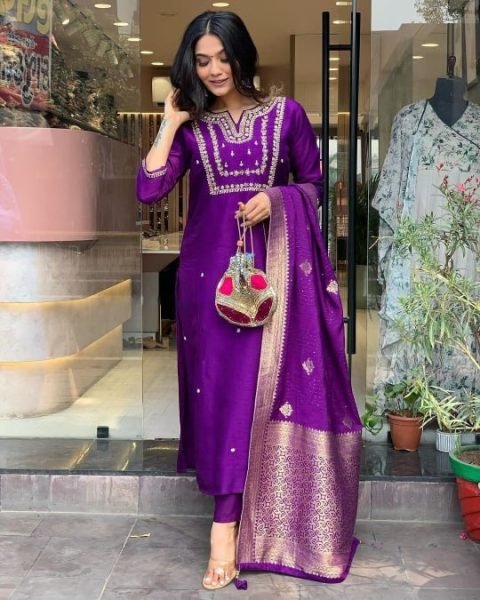 Purple Designer  Viscose Chanderi Embroidered A Line Kurta Set with Pants and Heavy Jacquard Dupatta for Women 3 Piece Kurti Set