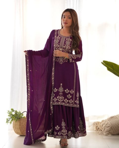 Purple Elegant ready to wear Kurta with Fancy Embroidery Jari And Sequence Work Sharara Set Ready To Wear Suit