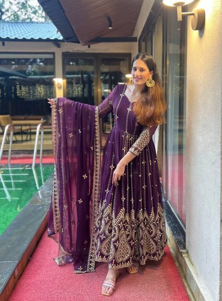 Purple Embroidered Anarkali Suit with Pant   Dupatta Fully Stitched Party Collection Ready To Wear Collection