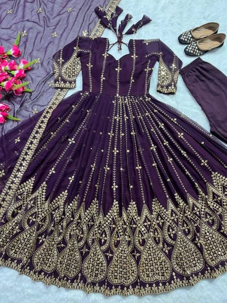 Purple Embroidered Anarkali Suit with Pant   Dupatta Fully Stitched Party Collection Ready To Wear Collection