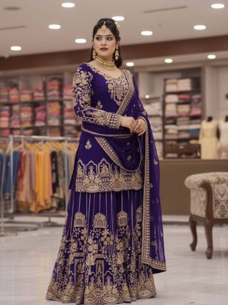 Purple Ethnic Faux Georgette Embroidered Kurti Palazzo Dress Set Wholesale 