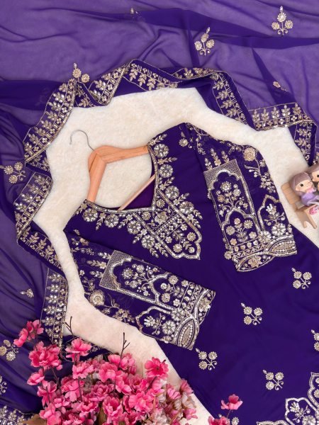 Purple Ethnic Faux Georgette Embroidered Kurti Palazzo Dress Set Wholesale Ready To Wear Collection