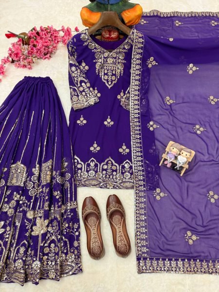 Purple Ethnic Faux Georgette Embroidered Kurti Palazzo Dress Set Wholesale Ready To Wear Collection