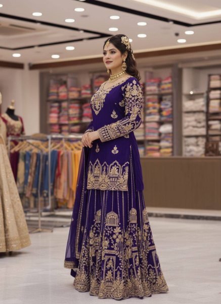 Purple Ethnic Faux Georgette Embroidered Kurti Palazzo Dress Set Wholesale Ready To Wear Collection