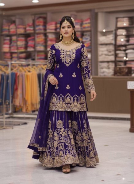 Purple Ethnic Faux Georgette Embroidered Kurti Palazzo Dress Set Wholesale Ready To Wear Collection