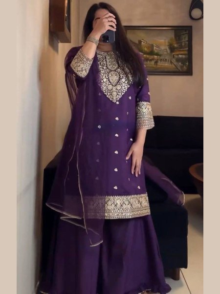 Purple Faux Georgette Palazzo Dress with Sequins Work for Women Collection Ready To Wear Suit