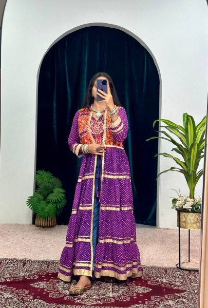 Purple Faux Georgette Shrug Set with Heavy Embroidery and Fancy Lace Work Navratri Collection