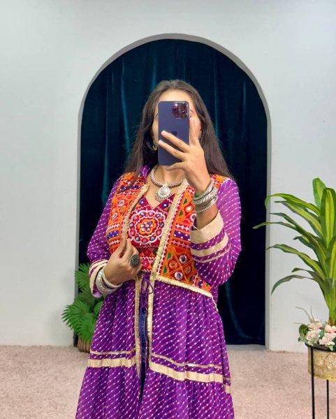 Purple Faux Georgette Shrug Set with Heavy Embroidery and Fancy Lace Work Navratri Collection
