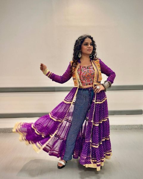 Purple Faux Georgette Shrug Set with Heavy Embroidery and Fancy Lace Work Navratri Collection