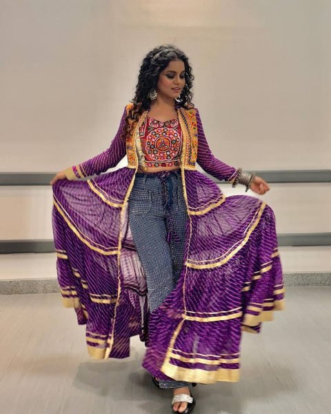 Purple Faux Georgette Shrug Set with Heavy Embroidery and Fancy Lace Work Navratri Collection