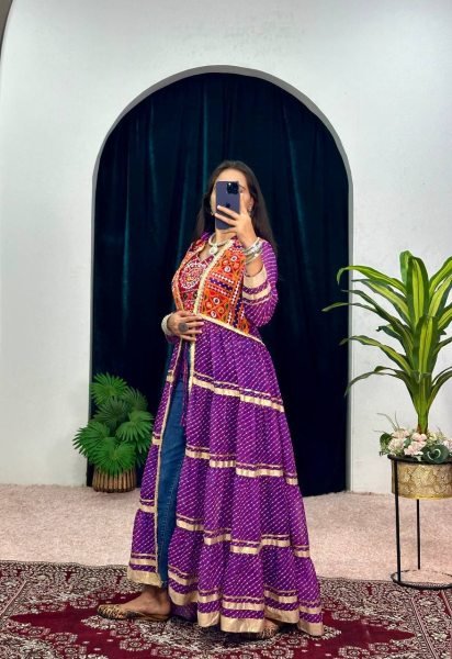 Purple Faux Georgette Shrug Set with Heavy Embroidery and Fancy Lace Work Navratri Collection