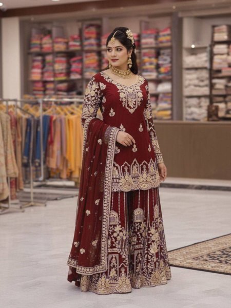 Purple Faux Georgette Zari and 5mm Sequins Embroidery Top Palazzo Suit Set Ethnic Eid Collection Wholesale Rate 