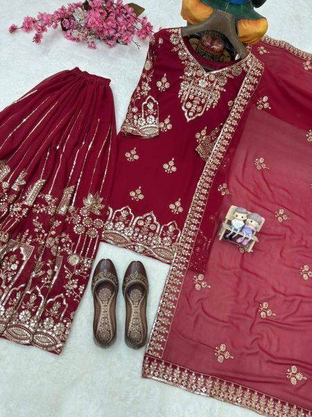 Purple Faux Georgette Zari and 5mm Sequins Embroidery Top Palazzo Suit Set Ethnic Eid Collection Wholesale Rate Ready To Wear Collection