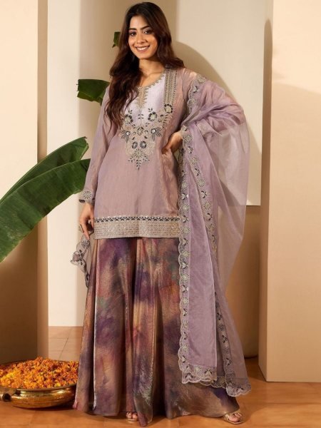 Purple Fendy Satin Embroidered Kurti Set with Jimmy Choo Pant and Organza Dupatta Kurtis