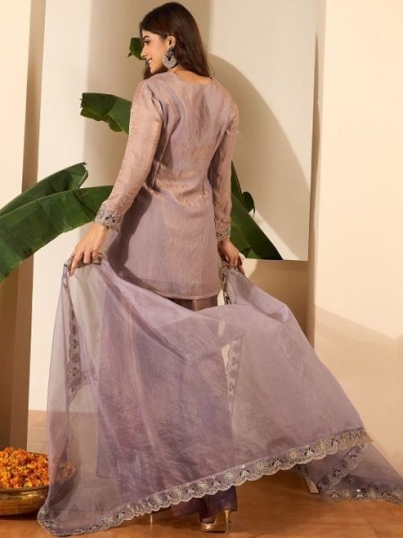 Purple Fendy Satin Embroidered Kurti Set with Jimmy Choo Pant and Organza Dupatta Embroidery Kurtis 
