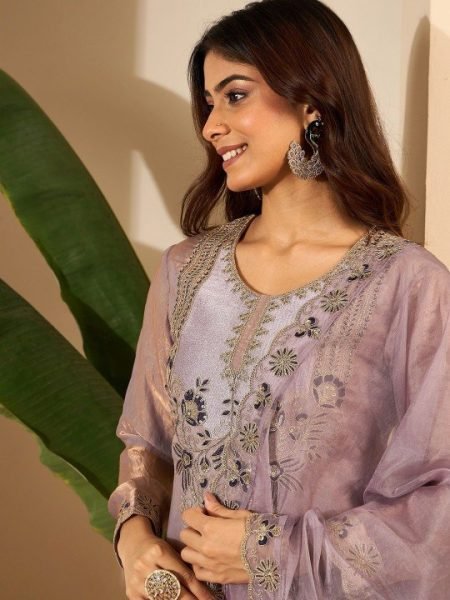 Purple Fendy Satin Embroidered Kurti Set with Jimmy Choo Pant and Organza Dupatta Embroidery Kurtis 