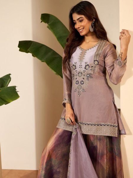 Purple Fendy Satin Embroidered Kurti Set with Jimmy Choo Pant and Organza Dupatta Embroidery Kurtis 