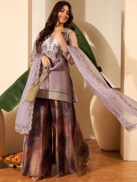 Purple Fendy Satin Embroidered Kurti Set with Jimmy Choo Pant and Organza Dupatta Embroidery Kurtis 