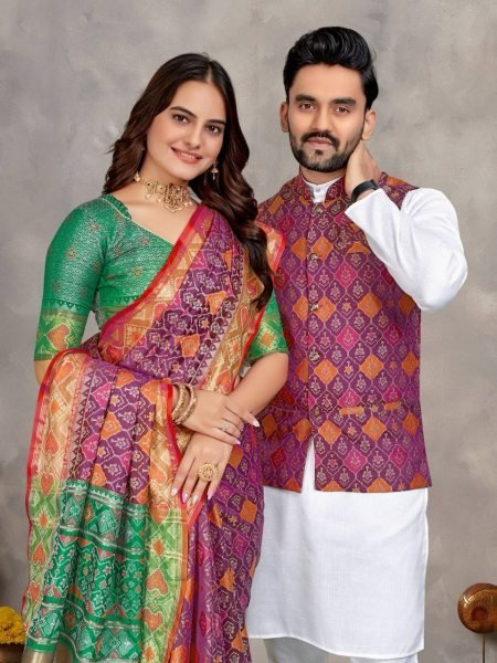 Purple Festive Couple Dress Set Womens Jacquard Silk Saree with Mens Kurta Pajama & Jacket Wholesale Couple Combo collection 